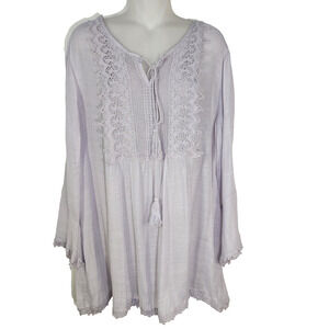 Cal Style Top Women XL Bo Crochet Yoke Tie Front Tunic Tassel Lightweight Purple